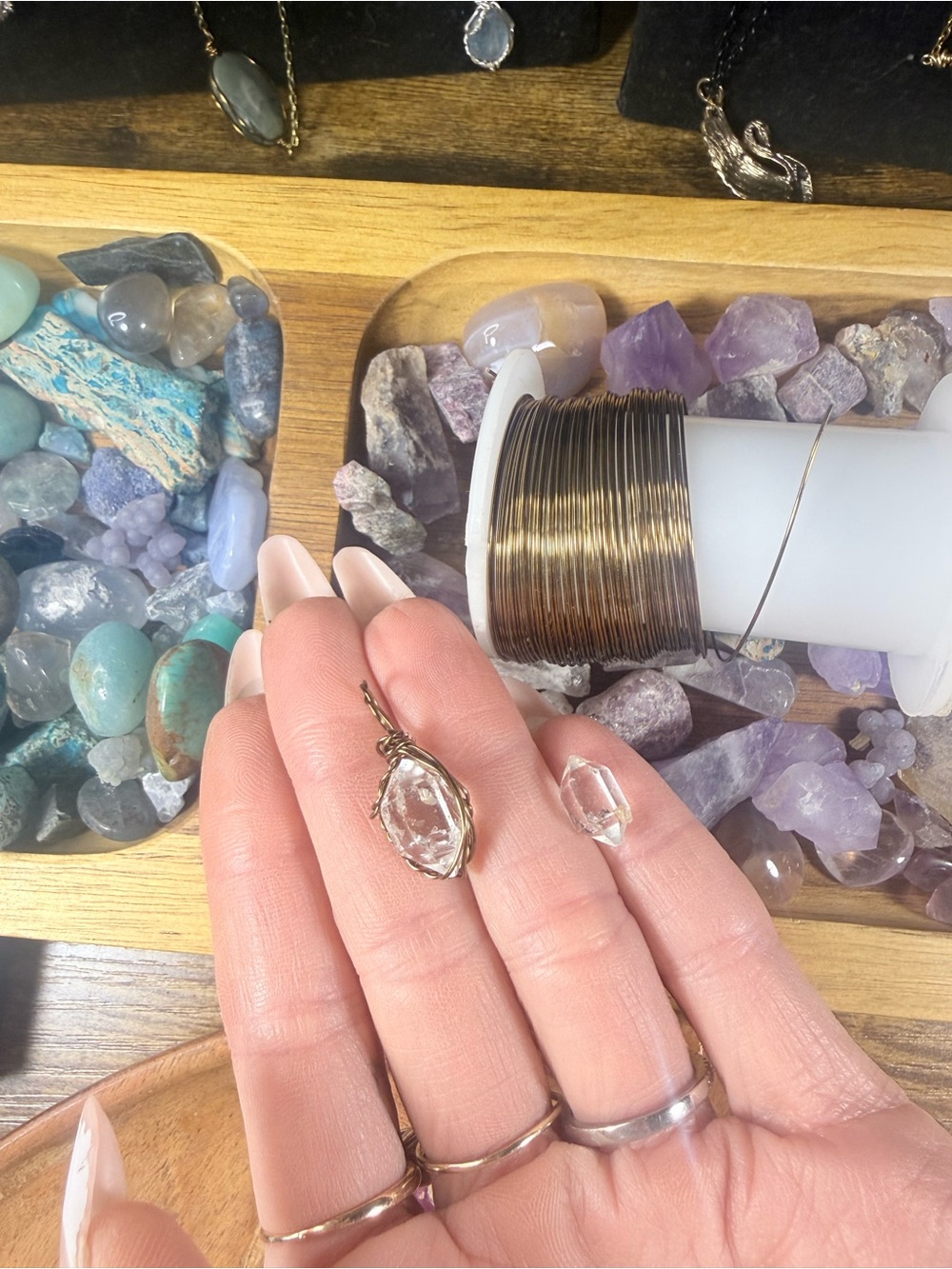 Handcrafted Herkimer diamond pendant and ring set